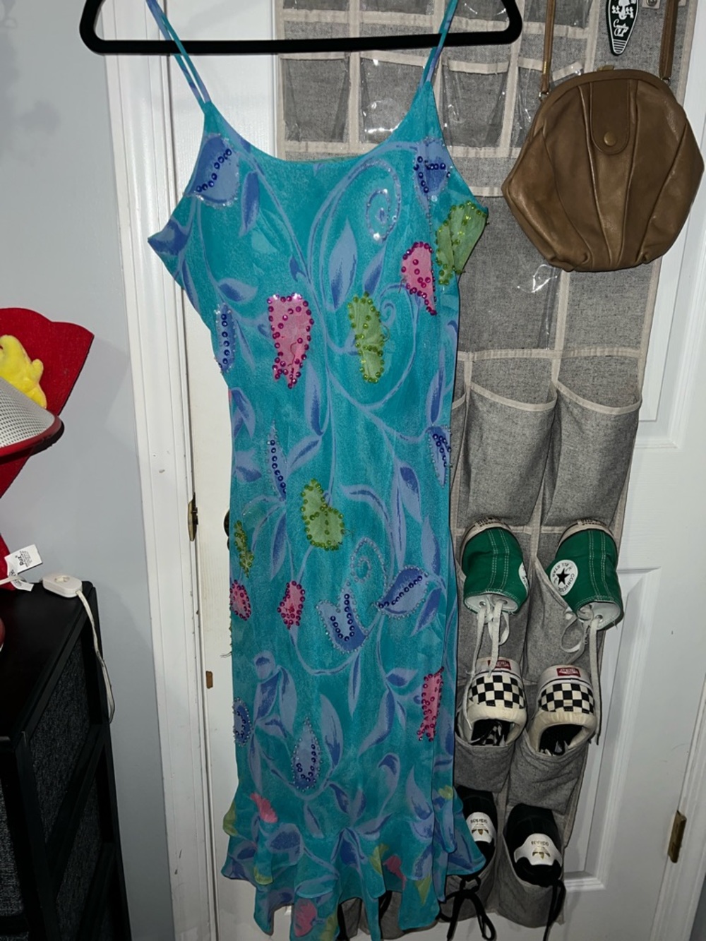 Turquoise Floral Sequin Slip Dress
